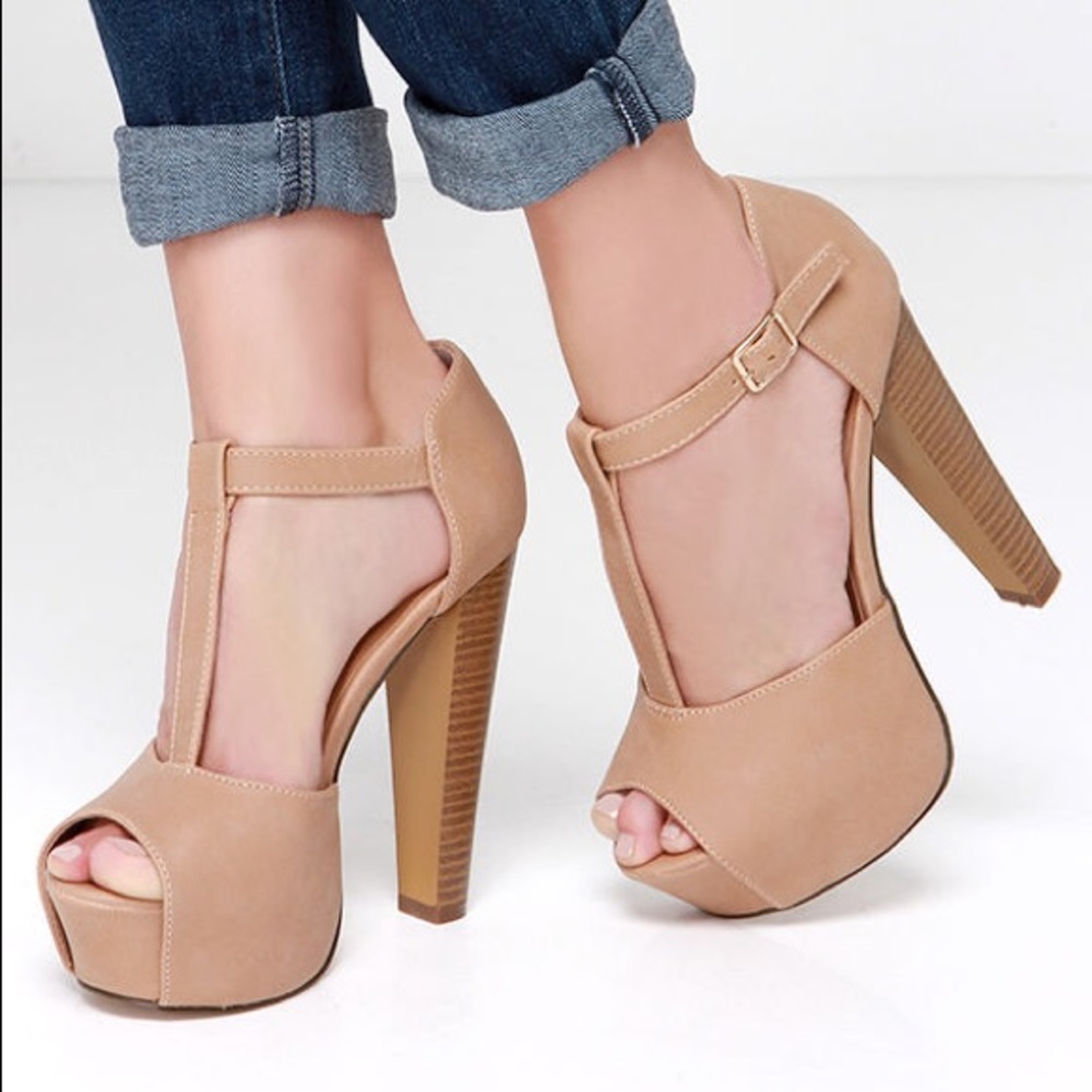 Beige peep toe heels